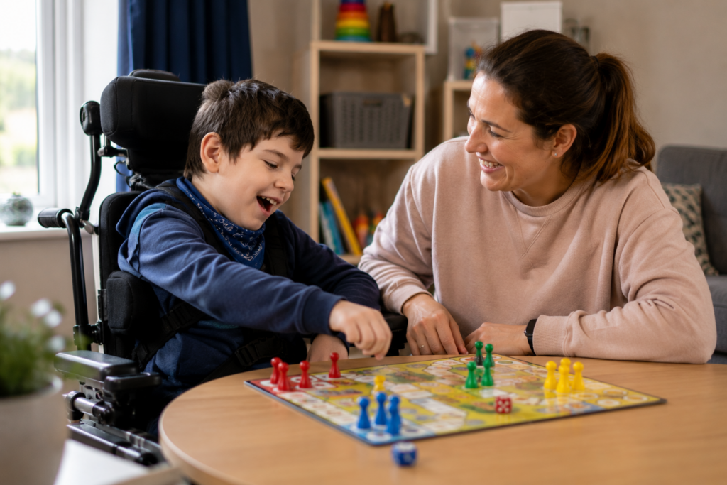 Child with limited mobility enjoying an accessible game with family.
