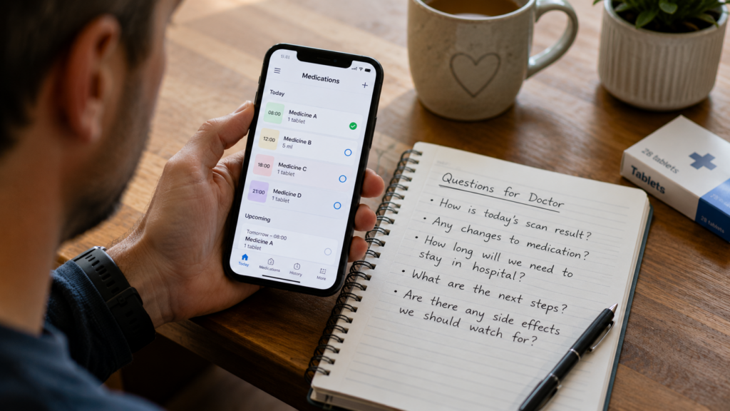 Medication tracker and medical notes helping a parent organise their child’s hospital care.