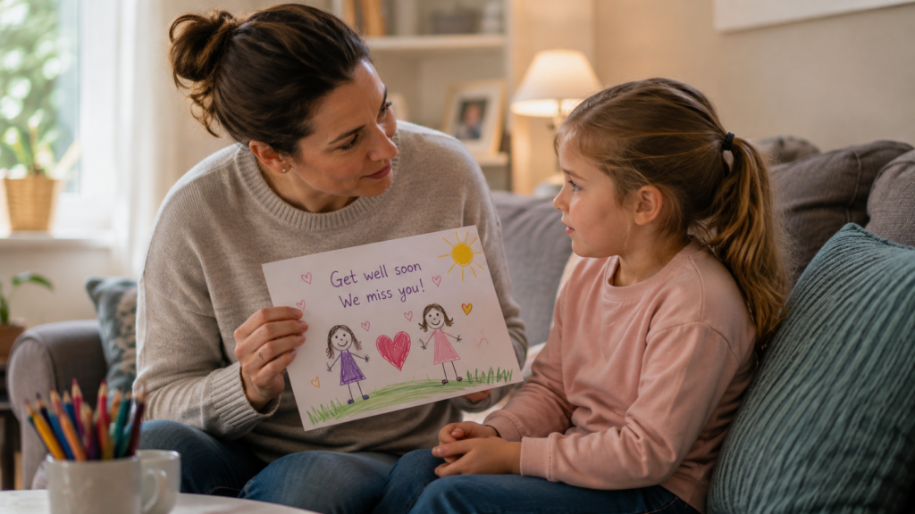Parent talking to a child about their sibling’s hospital stay.