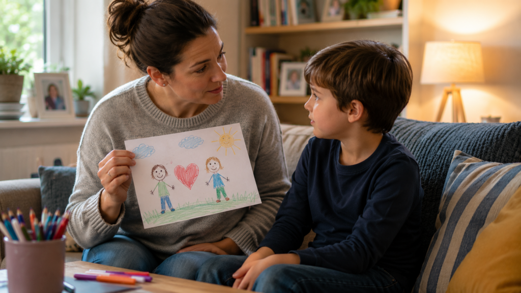 Parent talking to a child about their sibling’s hospital stay.