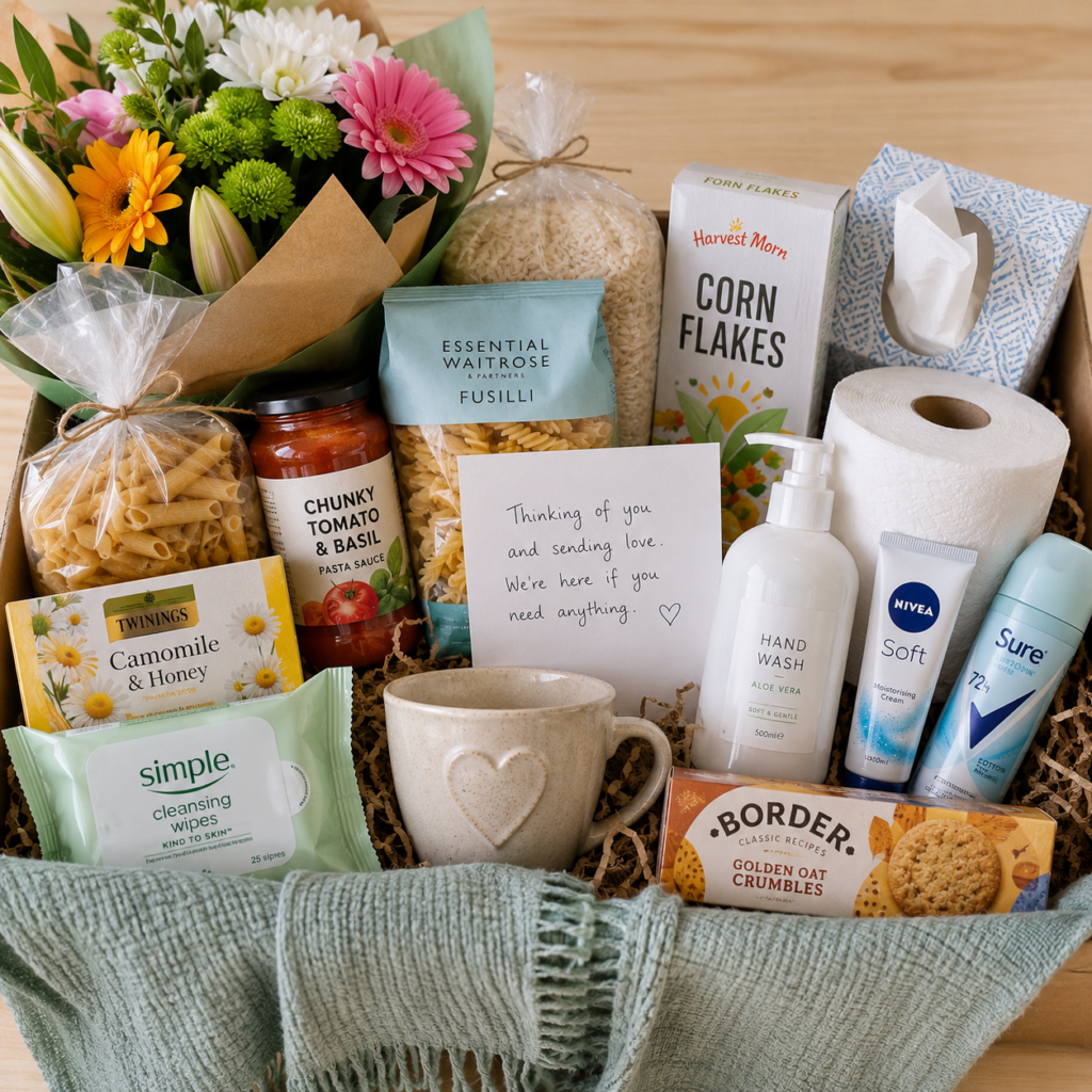 Care package with everyday essentials for a family experiencing a difficult time.