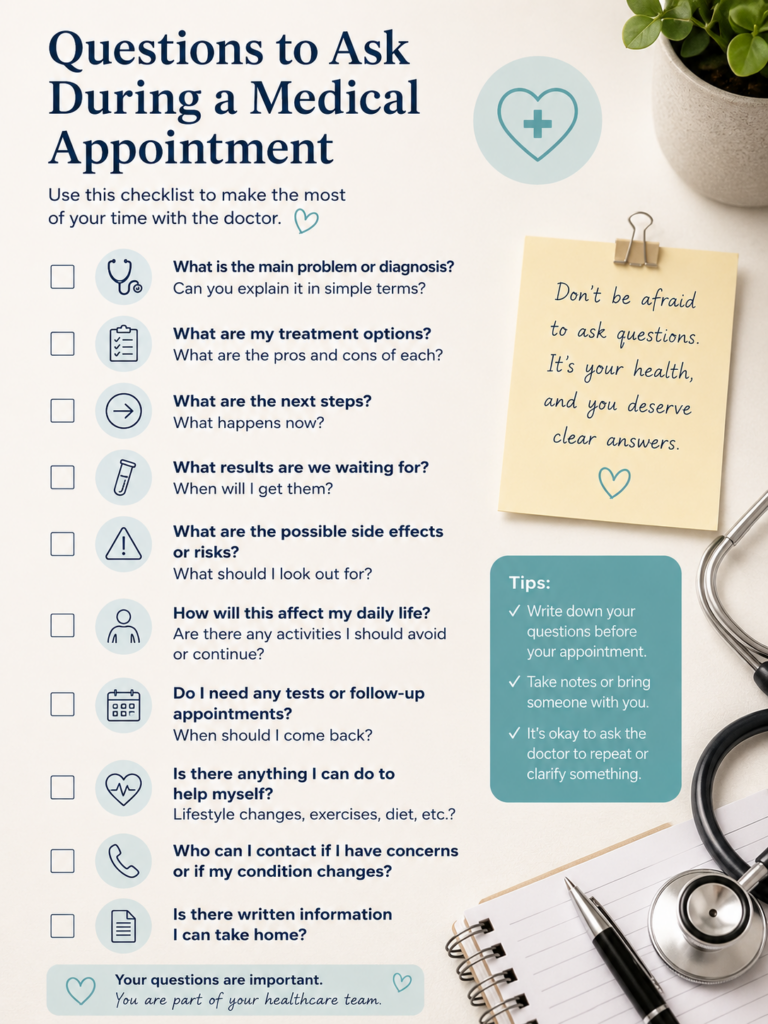Checklist showing important questions to ask a doctor