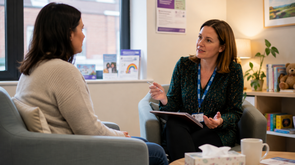 Parent and hospital social worker discussing practical family support.